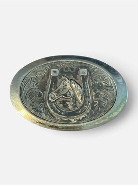 Vintage Western Silver Oval Belt Buckle Horse Horseshoe Engraved